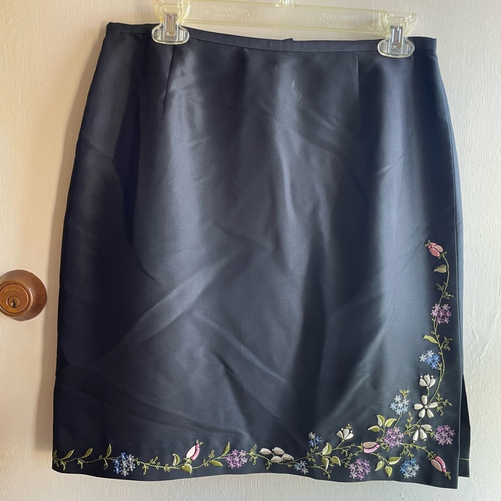 Knee length fully lined embroidered satin skirt